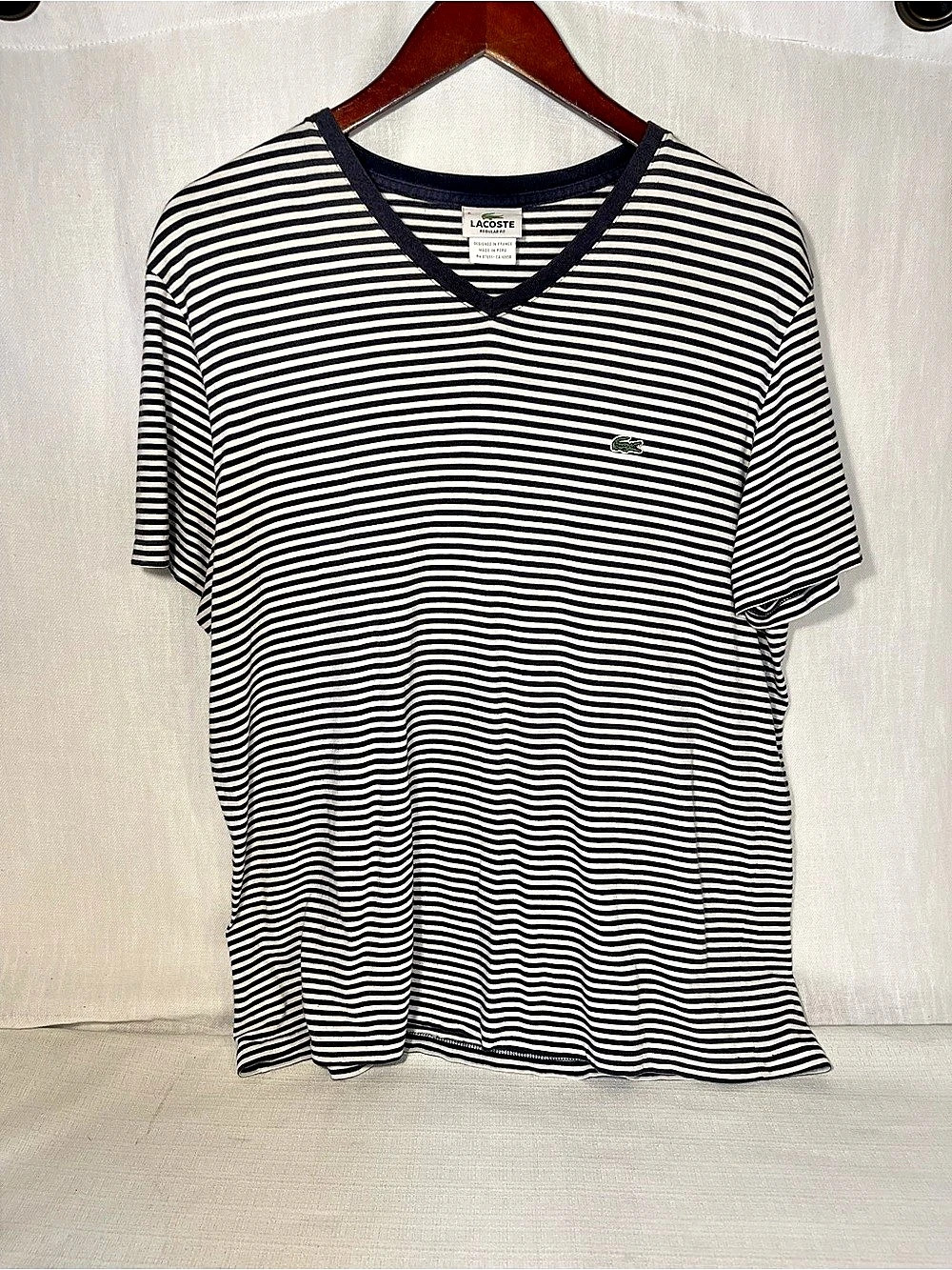 Lacoste Regular Fit Striped V-Neck T-Shirt Blue & White Large